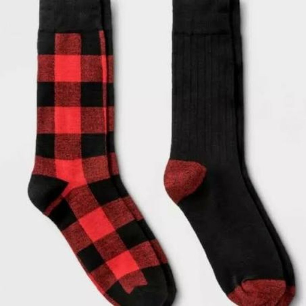 Goodfellow & Co Men's Buffalo Plaid Crew Socks 2pk, Black/Red, L (7-12)